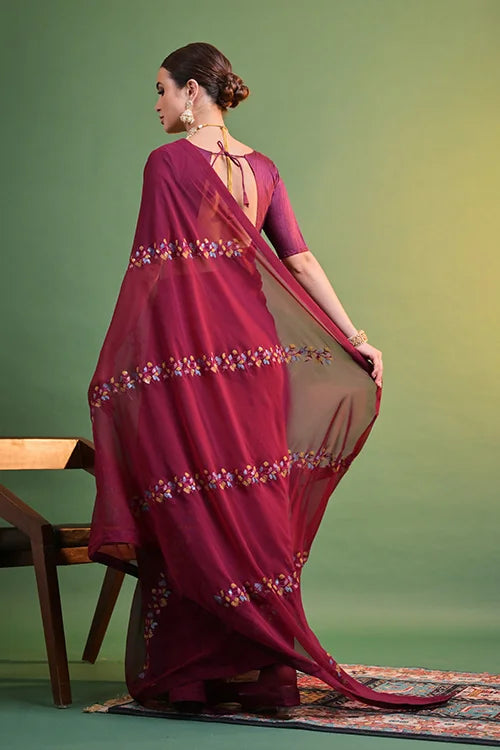 Maroon Heavy Georgette Sequin Embroidery Saree