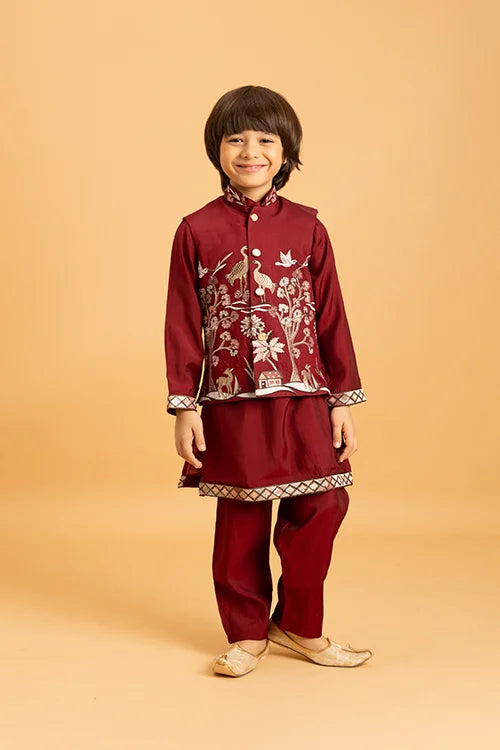 Kids Wedding Special Maroon Koti Kurta Set Outfit