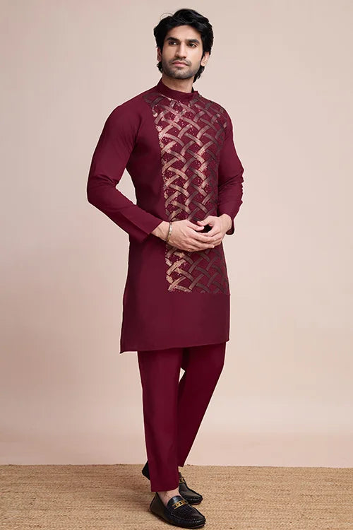 Designer Maroon Men's Silk Kurta For Special Events