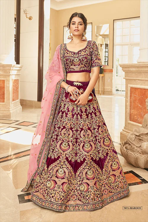 Designer Maroon Velvet Lehenga with Net Dupatta