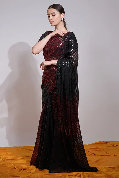 Maroon Bollywood Style Saree with Unique Embroidery Work