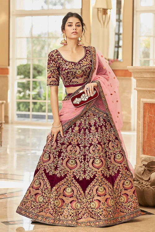 Designer Maroon Velvet Lehenga with Net Dupatta