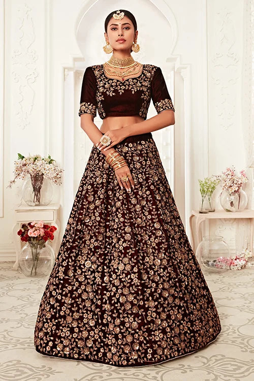 Beautiful Maroon Bridal Velvet Lehenga Choli Dupatta