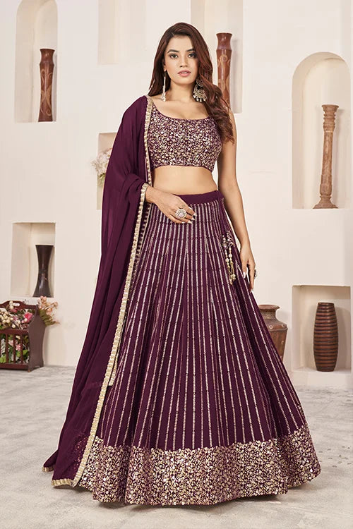 Maroon Georgette Sequins Embroidered Lehenga Choli Ensemble