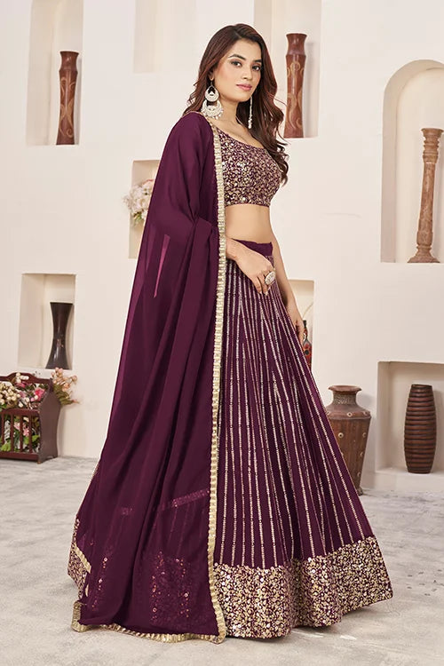 Maroon Georgette Sequins Embroidered Lehenga Choli Ensemble