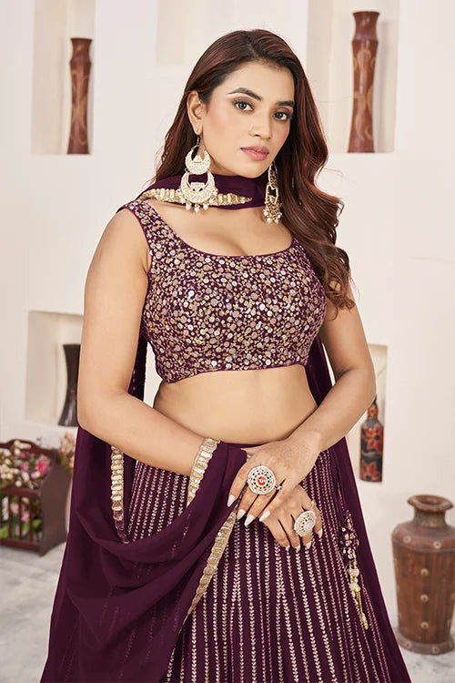 Maroon Georgette Sequins Embroidered Lehenga Choli Ensemble