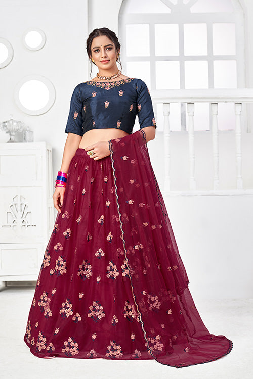 Maroon Net Embroidered Contrast Lehenga Choli Collection