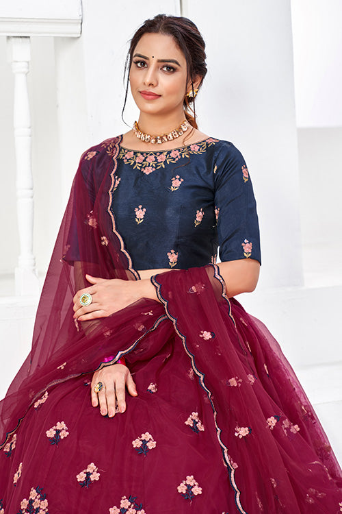 Maroon Net Embroidered Contrast Lehenga Choli Collection