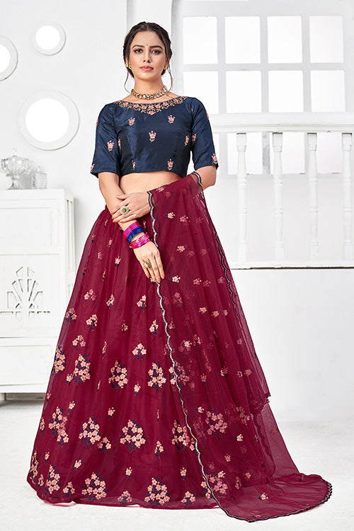 Maroon Net Embroidered Contrast Lehenga Choli Collection