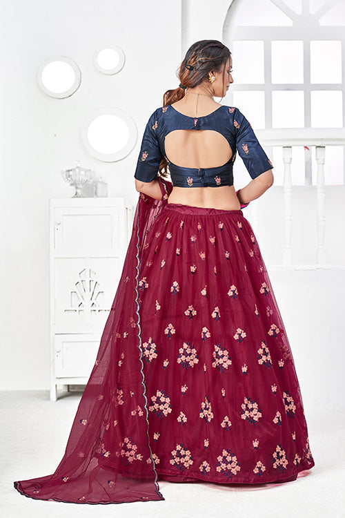 Maroon Net Embroidered Contrast Lehenga Choli Collection