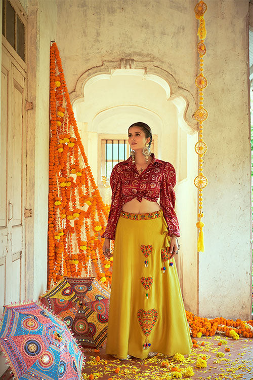Maroon Gajji Silk Prined Work Navratri Crop-Top Skirt