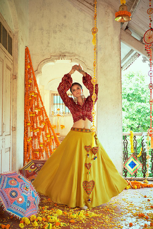Maroon Gajji Silk Prined Work Navratri Crop-Top Skirt