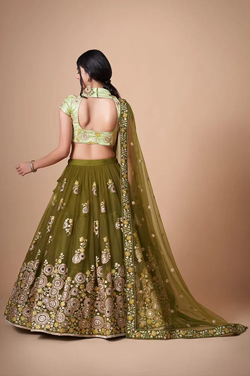 Mehndi Soft Net Thread Sequins Embroidered With Mirror Work Lehenga Choli