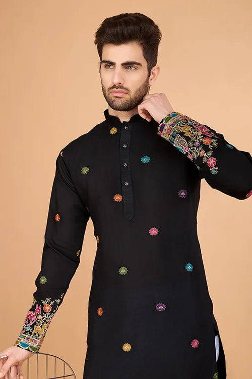 Black Designer Viscose Silk Kurta with Thread Work
