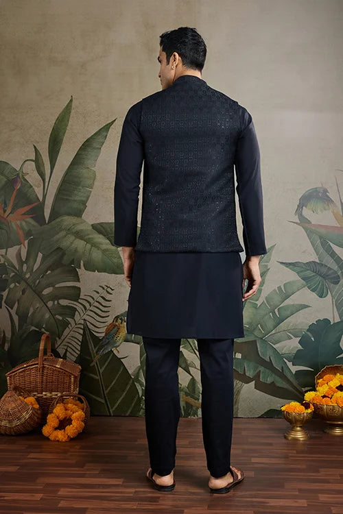Black Roman Silk Kurta with Jacquard Koti Jacket