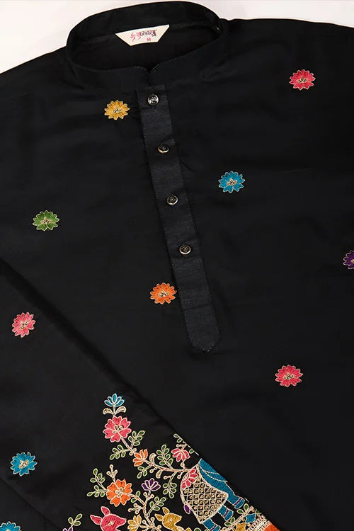 Black Designer Viscose Silk Kurta with Thread Work