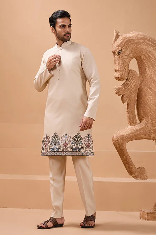 Tendy Beige Wedding Special Koti Kurta Set for Mens Wear