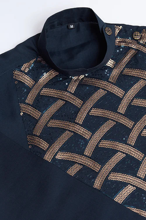 Traditional Embroidered Navy Silk Kurta For Men