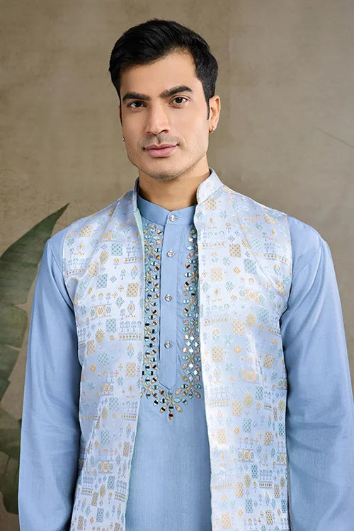 Festive Wear Blue Silk Kurta with Jacquard Koti