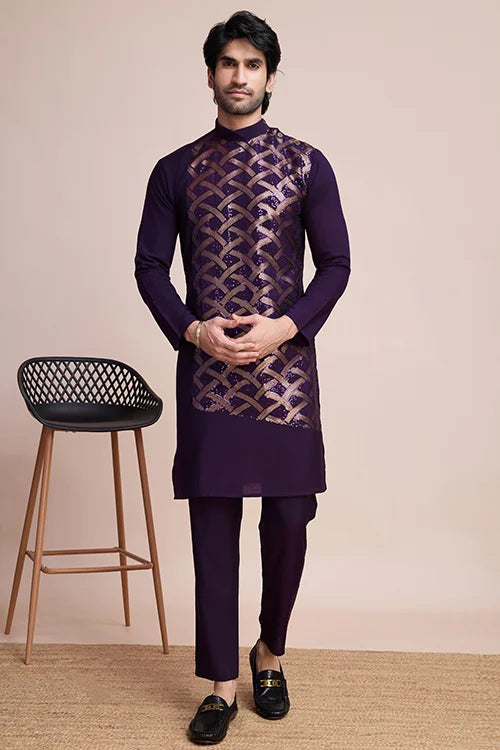 Stylish Purple Men's Kurta With Intricate Thread Detailing