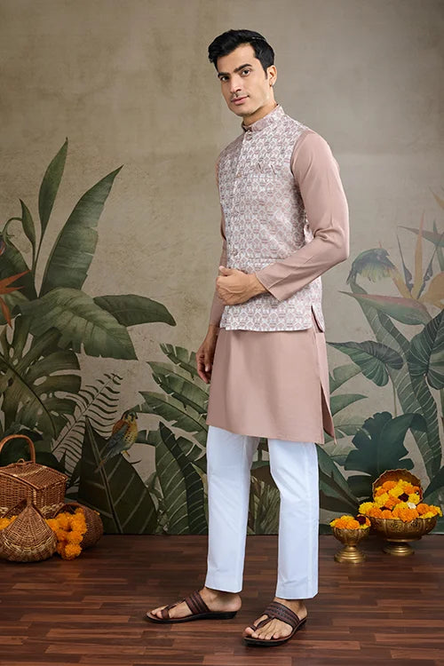 Dusty Brown Silk Kurta with Jacquard Koti Jacket