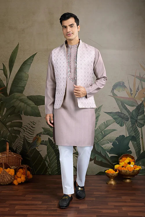 Designer Lavender Kurta & Open Koti for Men