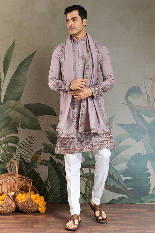 Premium Dusty Pink Color Embroidered Kurta With Pajama Set For Men
