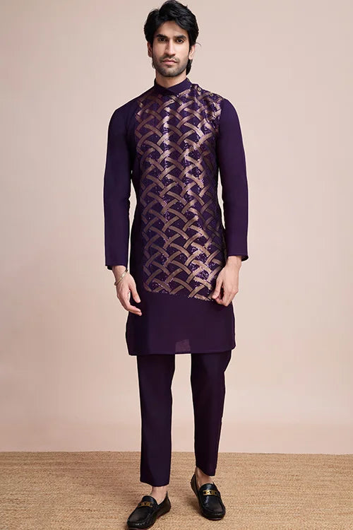 Stylish Purple Men's Kurta With Intricate Thread Detailing