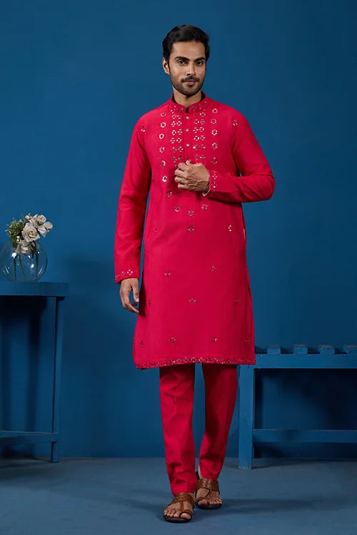 Designer Rani Mirror Embroidered Kurta for Mens Wear
