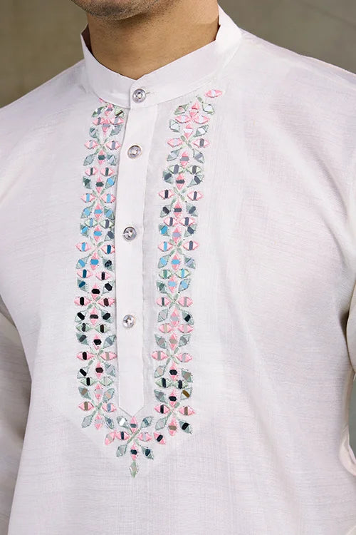 Off-White Roman Silk Kurta with Jacquard Open Koti Set