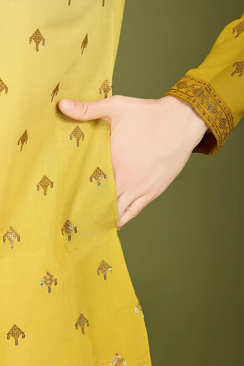 Designer Ombre Yellow Silk Kurta for Men | Shubh Kala