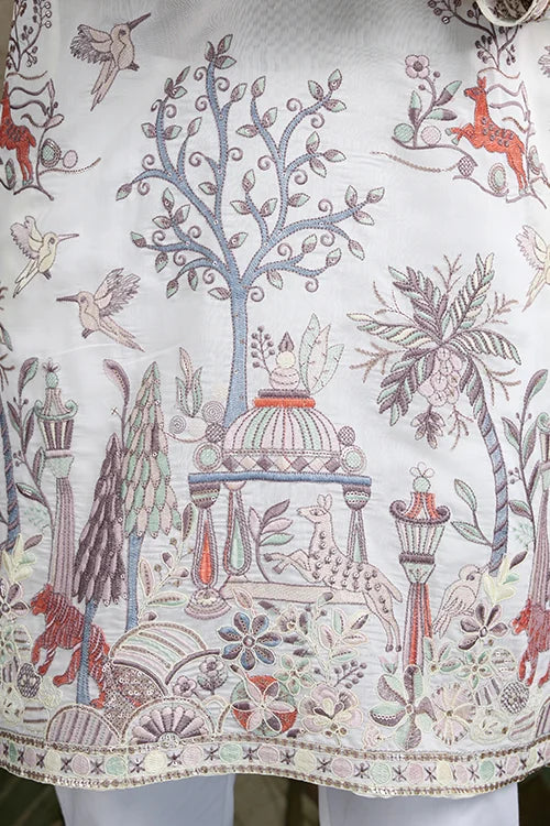 Designer White Silk printed kurta for men