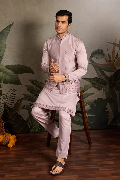 Boutique Style Unique Light Pink Kurta Koti Set for Men