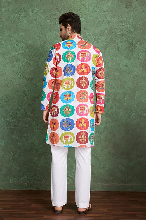 Multi Color Print with Embroidered Kurta and Pajama for Men