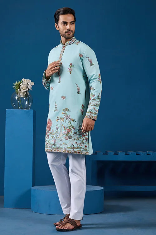 Wedding Celebration Elegant Sky Kurta for Mens Wear