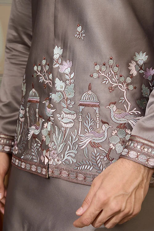 Grey Embroidered Koti Kurta Set for Mens Wear