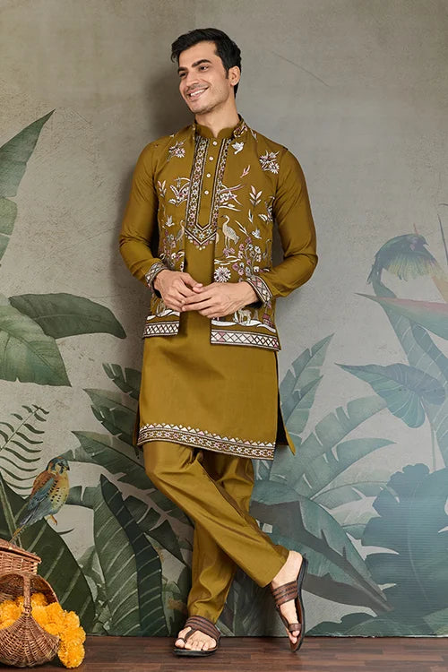 Golden Olive Open Koti Style Kurta Pajama Set for Men