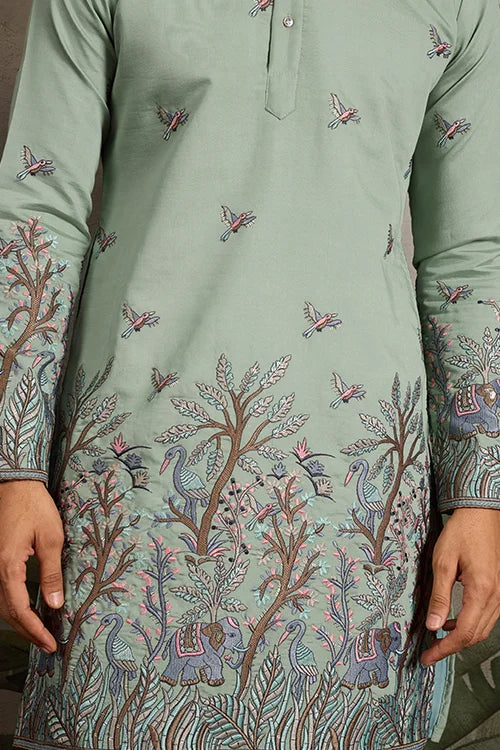 Embroidered Pista Green Wedding Kurta for Mens