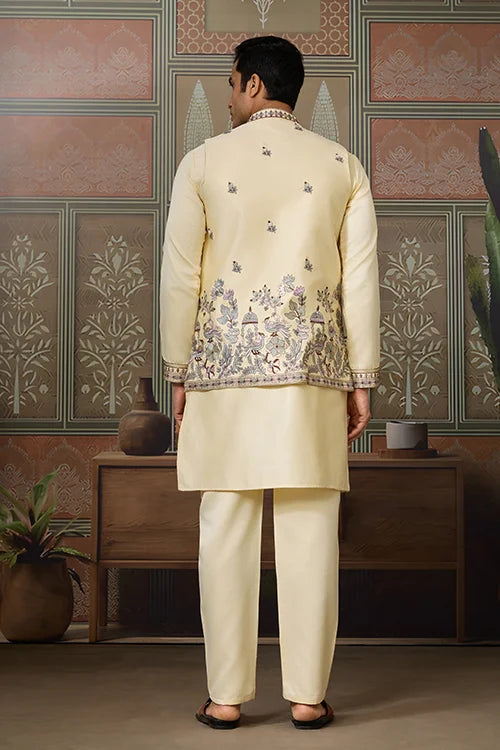Haldi Special Light Yellow Koti Kurta Set for Mens Wear
