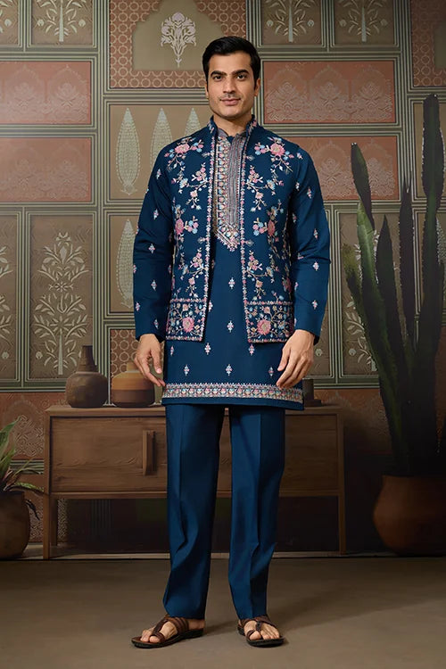 Modern Teal Blue Open Koti Kurta Set for Men