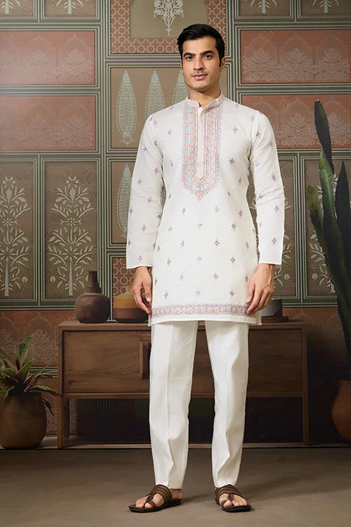 Ethnic White Embroidered Koti Kurta Set for Men