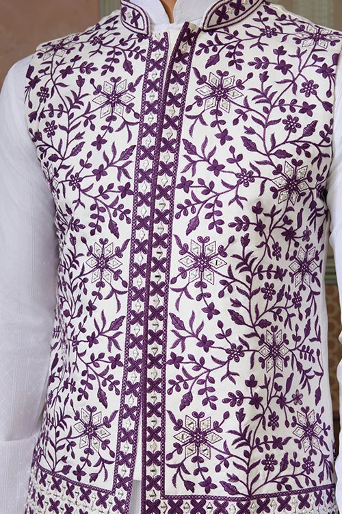 Classic White Mens Kurta Pajama with Stylish Purple Koti