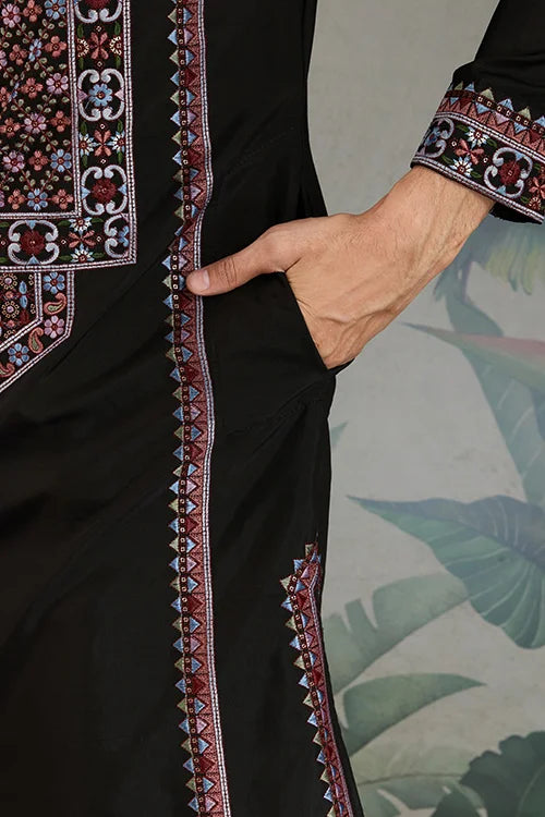 Designer Premium Embroidered Black Silk Kurta for Men