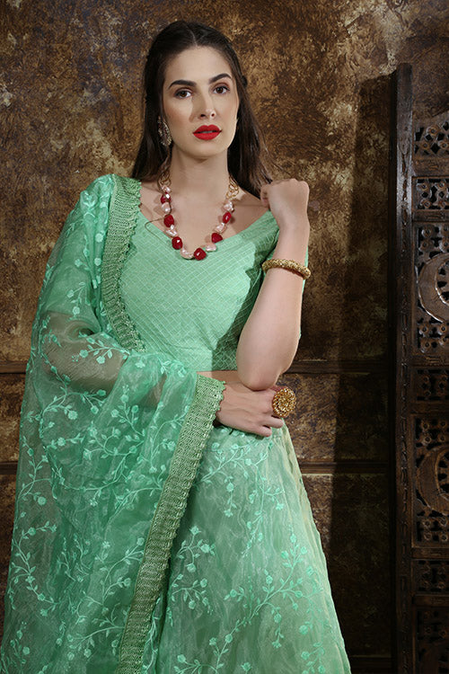 Mint Green Organza Thread Embroidered Work Lehenga Choli