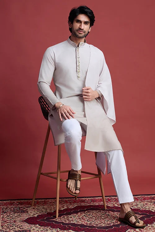 Designer Beige Kurta Set for Men with Mirror Work