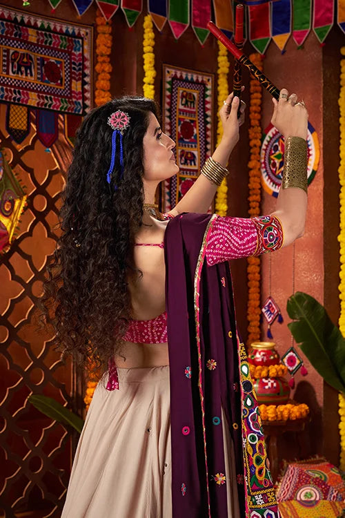 Navratri Special Beige Mirror Work Chaniya Choli