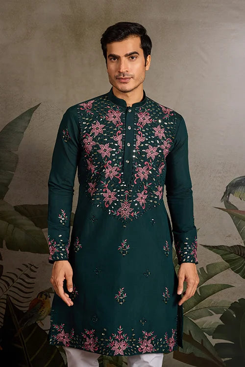 Party Look Green Mirror Embroidered Kurta Set for Men