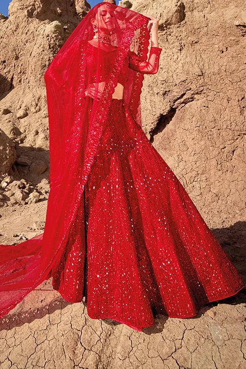 Red Sequins Net Lehenga Choli for Reception Wear