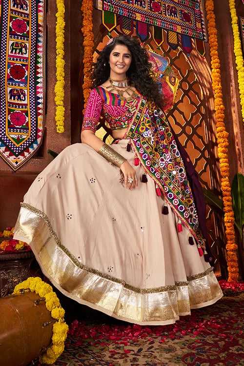 Navratri Special Beige Mirror Work Chaniya Choli