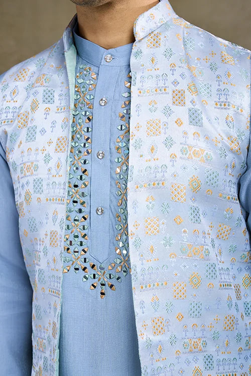 Festive Wear Blue Silk Kurta with Jacquard Koti